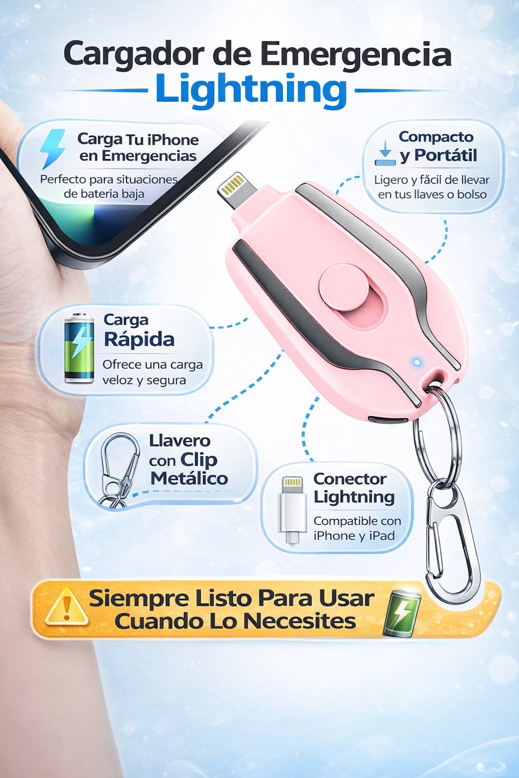 “ Mini Cargador Portátil Llaver0 para iPhone”¡Nunca Más Sin Batería!