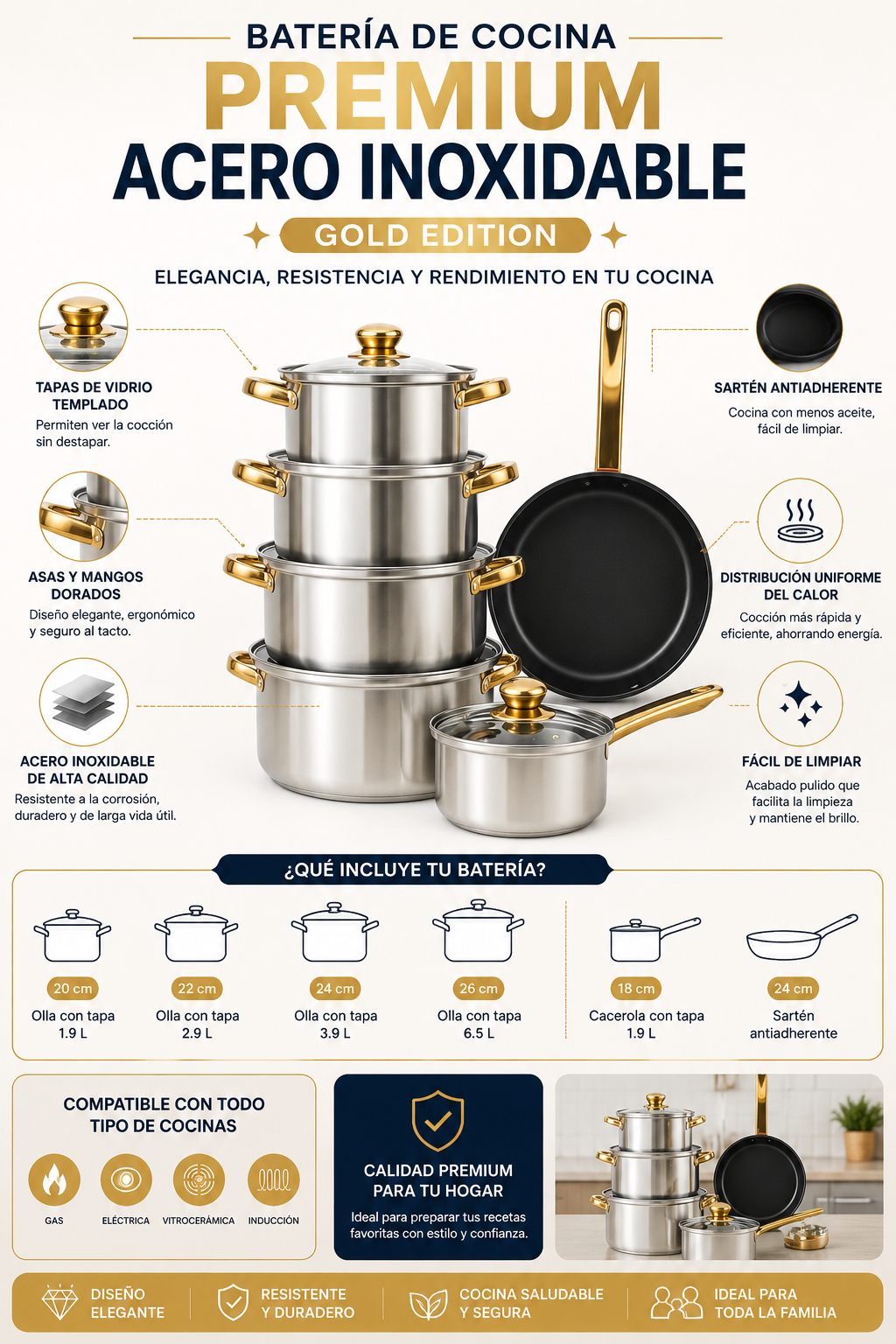 ✨ Ollas de Cocina Premium Acero Inoxidable Gold Edition ✨