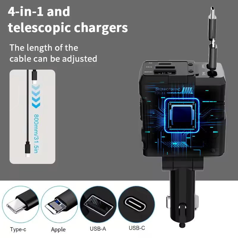 CARGADOR RETRÁCTIL PARA AUTOMÓVIL, 66 W 4 EN 1