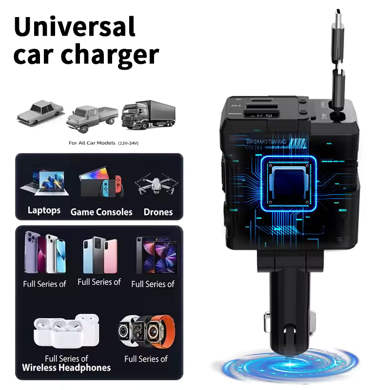 CARGADOR RETRÁCTIL PARA AUTOMÓVIL, 66 W 4 EN 1